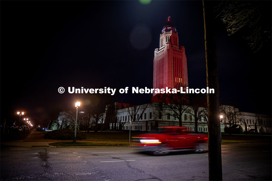 The Nebraska State Capitol is lit up red during the Glow Big Red event. February 14, 2024. Photo by Kristen Labadie / University Communication.
